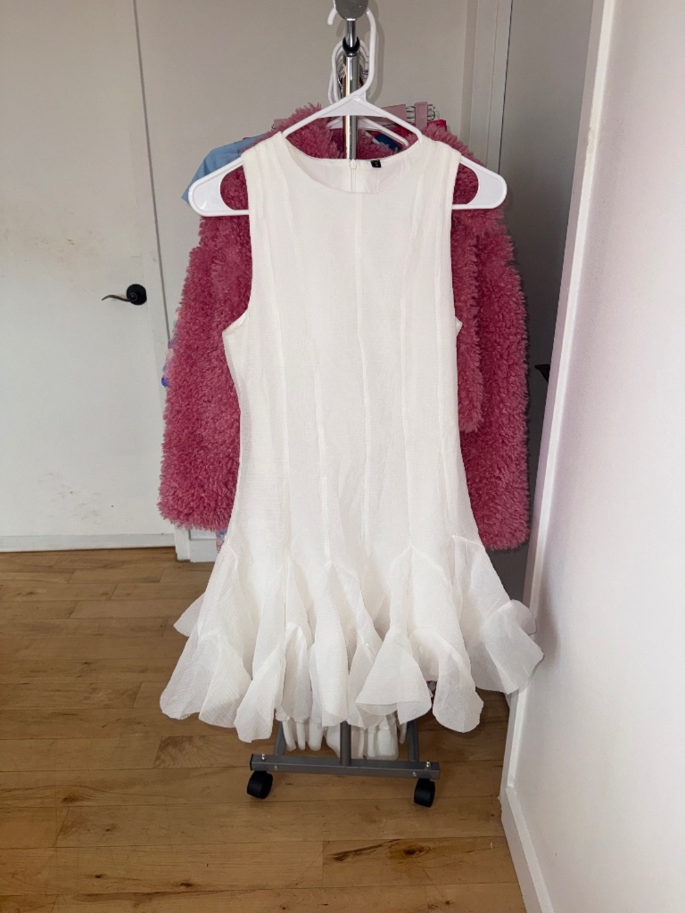 Ivory White Sleeveless Fit & Flare Ruffle Hem Cocktail Party Dress